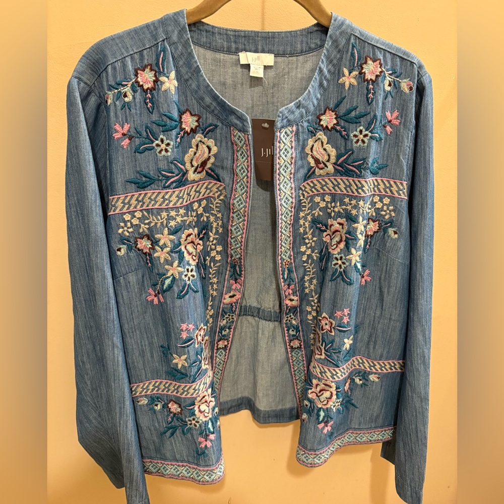 NWT J. Jill Floral Embroidered Open Front Lightweight Chambray Jacket Women’s Lg - Picture 2 of 14